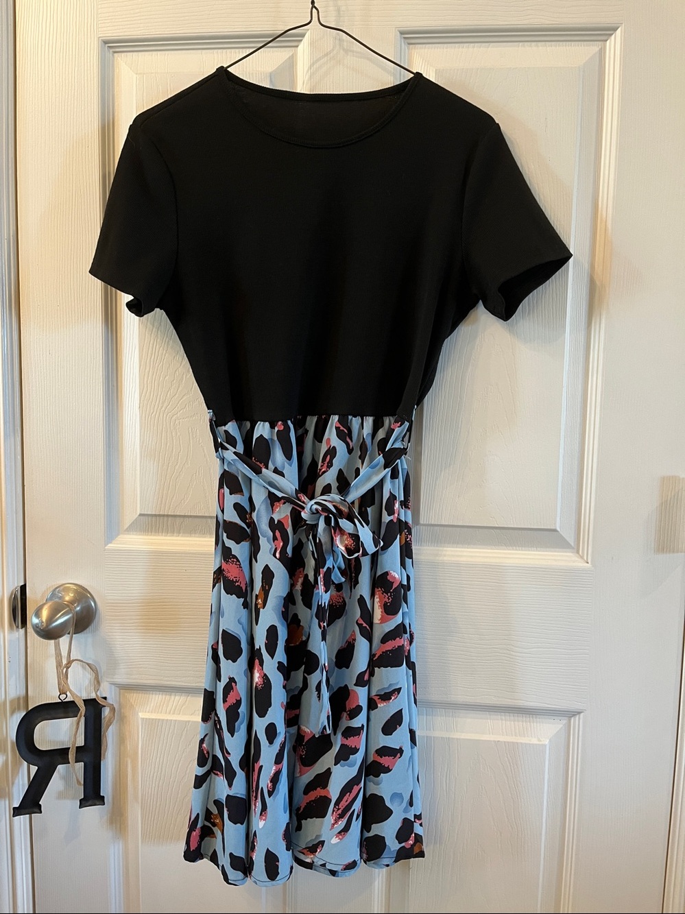Black, Blue, and Coral Modest Leopard Tie-Waist Women’s Dress